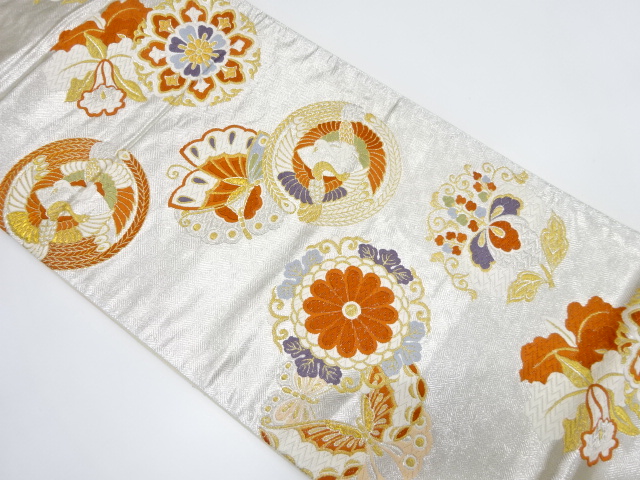 向かい鳳凰に蝶・花模様織り出し　袋帯